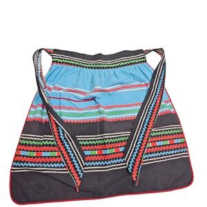 Vintage Half Apron Black Blue Novelty‎ Zig Zag Stripe Pocket Kitchen Baking Trad